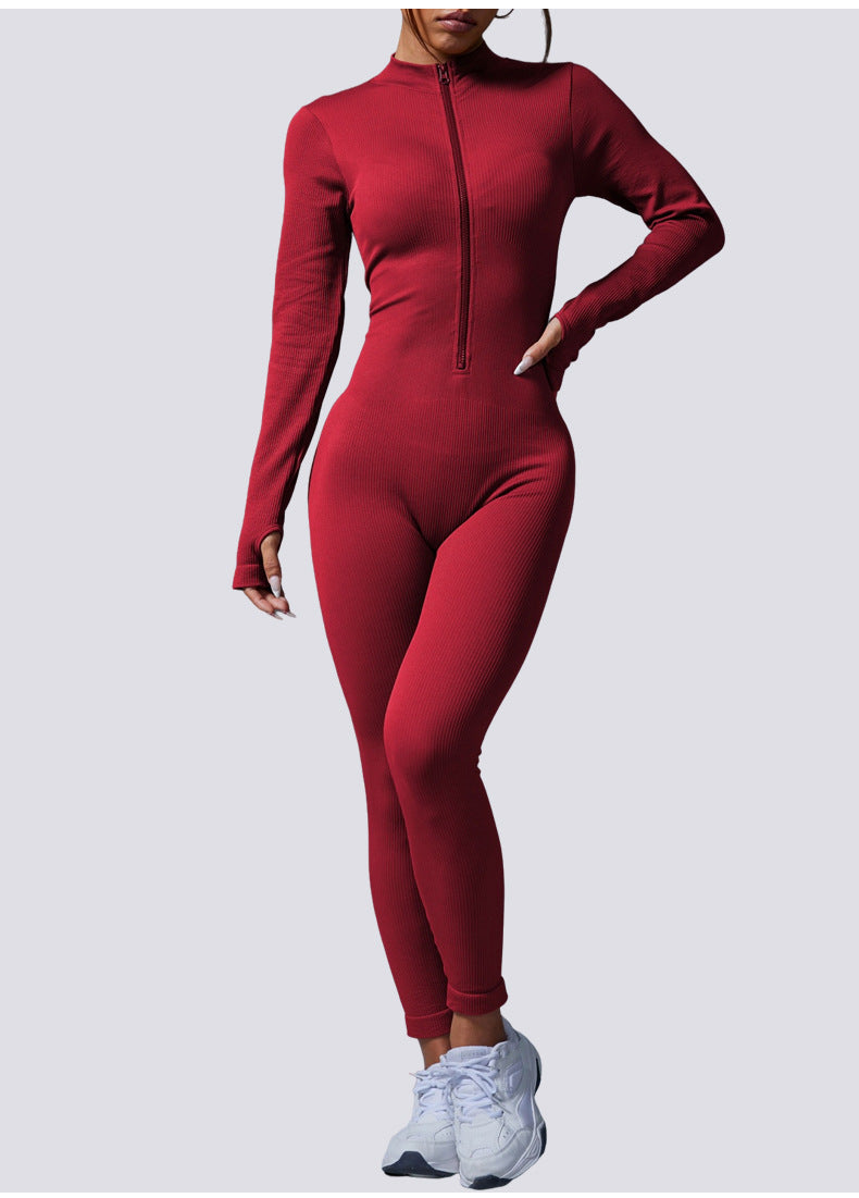 Combinaison de yoga une pièce pour femme, automne et hiver, col montant zippé, manches longues avec trous pour les pouces, contrôle du ventre et lifting des fesses