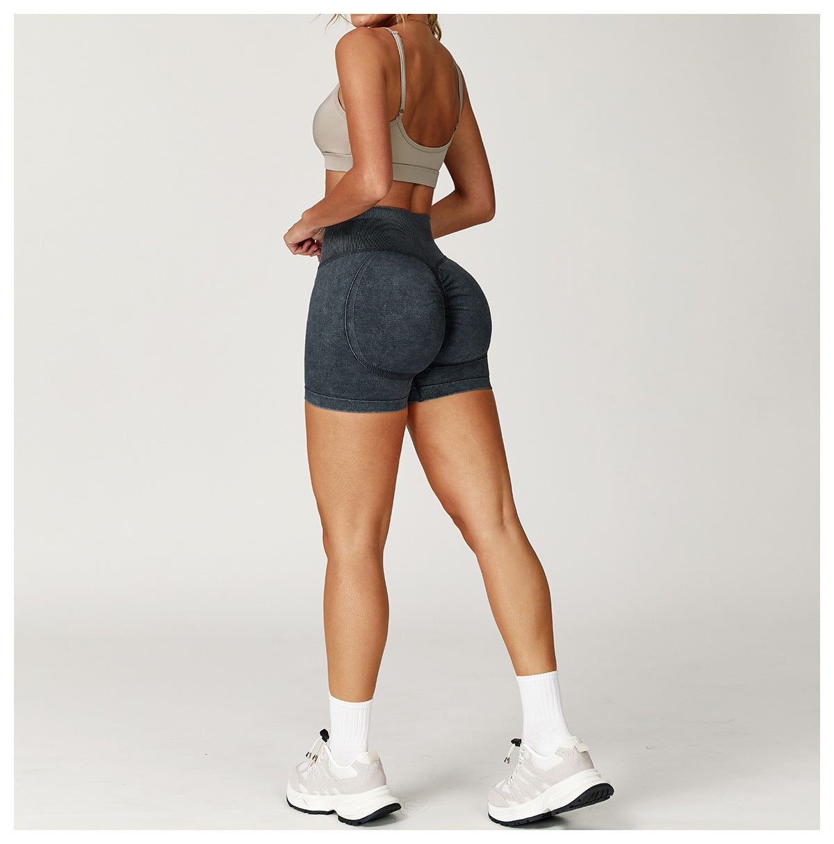 Short de yoga sans couture délavé à l'acide : Short de fitness taille haute gainant pour la course 7425