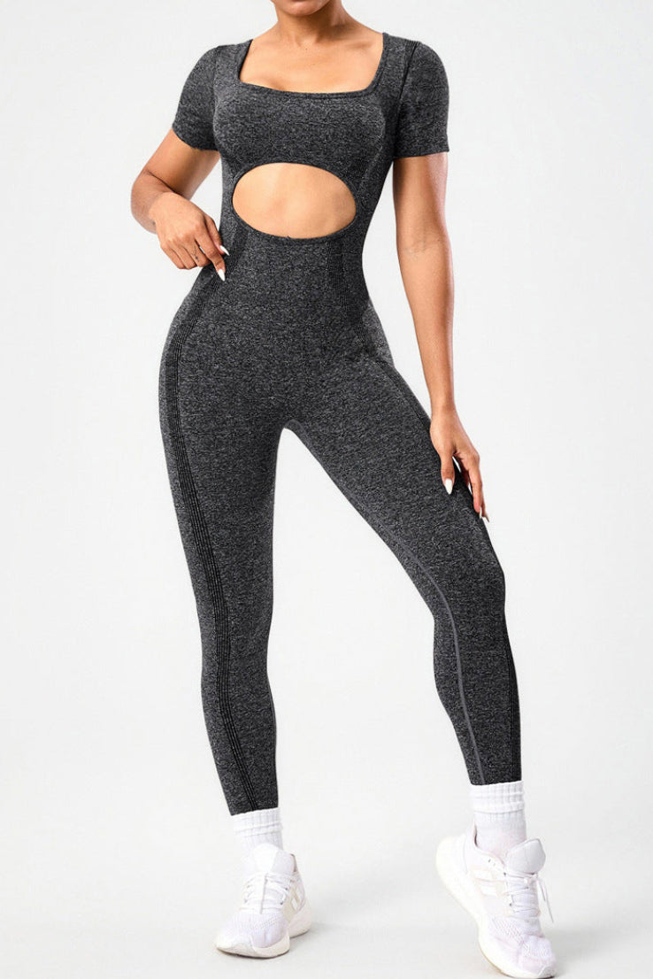 Combinaison de yoga à manches courtes dos nu brossée color block pour femmes, coupe ajustée, contrôle du ventre et lifting des fesses, pantalon d'entraînement une pièce pour la course en extérieur