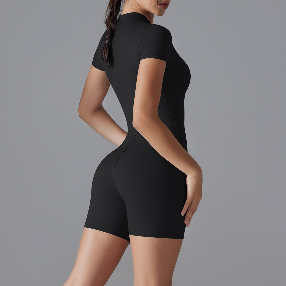 Combinaison de yoga à manches courtes et fermeture éclair sur le devant : Bodysuit de danse gainant sans couture et combinaison athlétique cycliste.