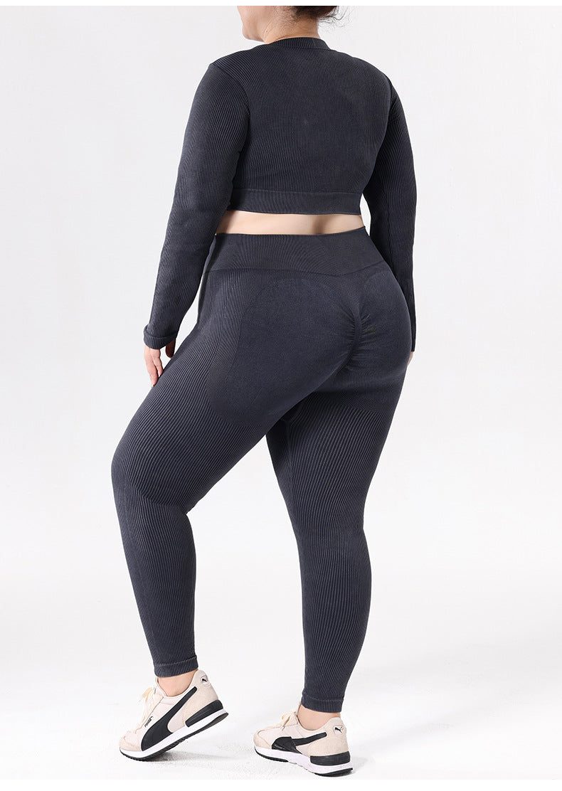 Ensemble de yoga brossé grande taille pour femmes, haut zippé à manches longues avec trous pour les pouces et leggings taille haute galbants