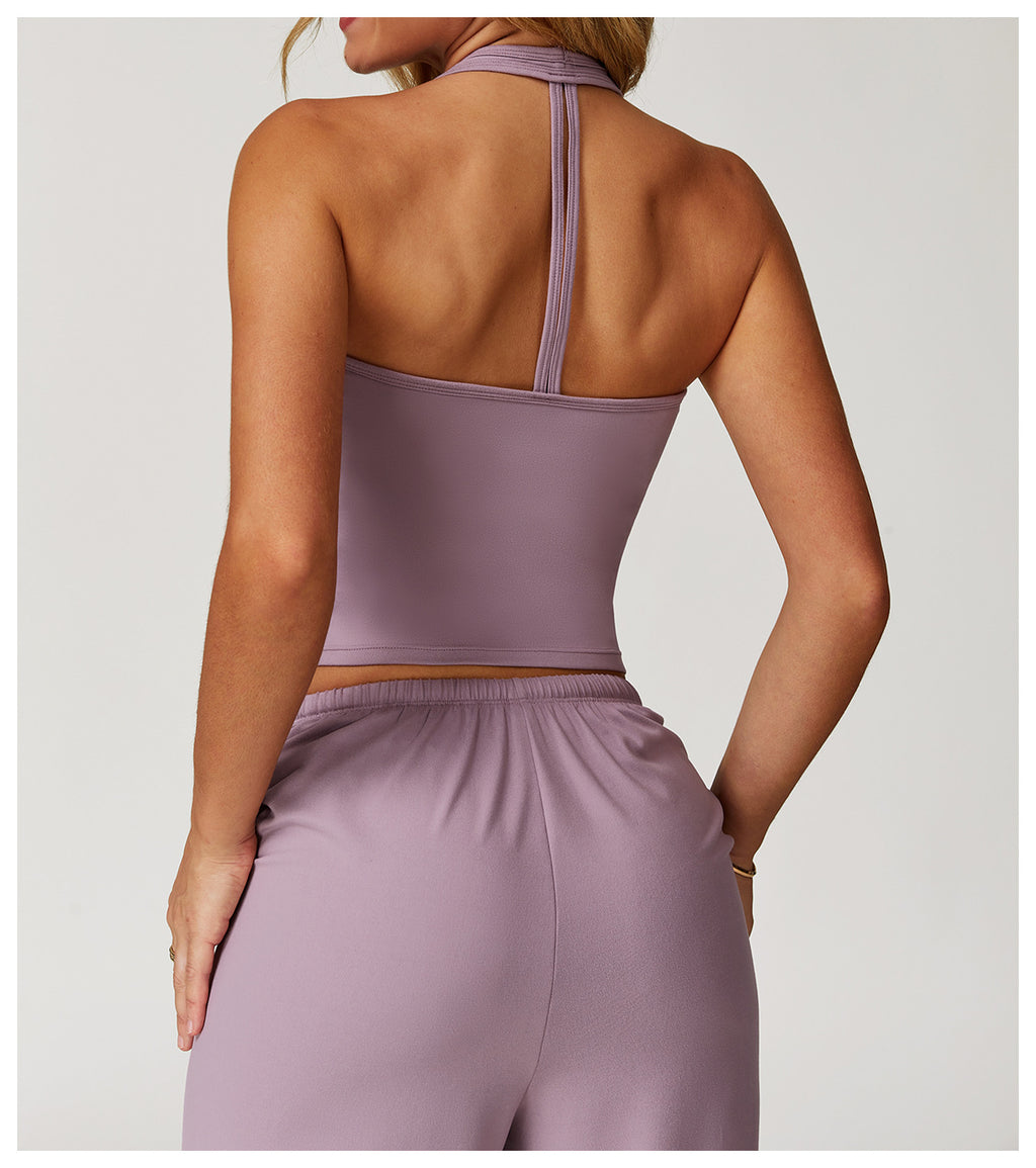 Débardeur de yoga brossé pour femme, brassière de sport décolleté en V coupe slim avec dos nageur pour la course et l'entraînement