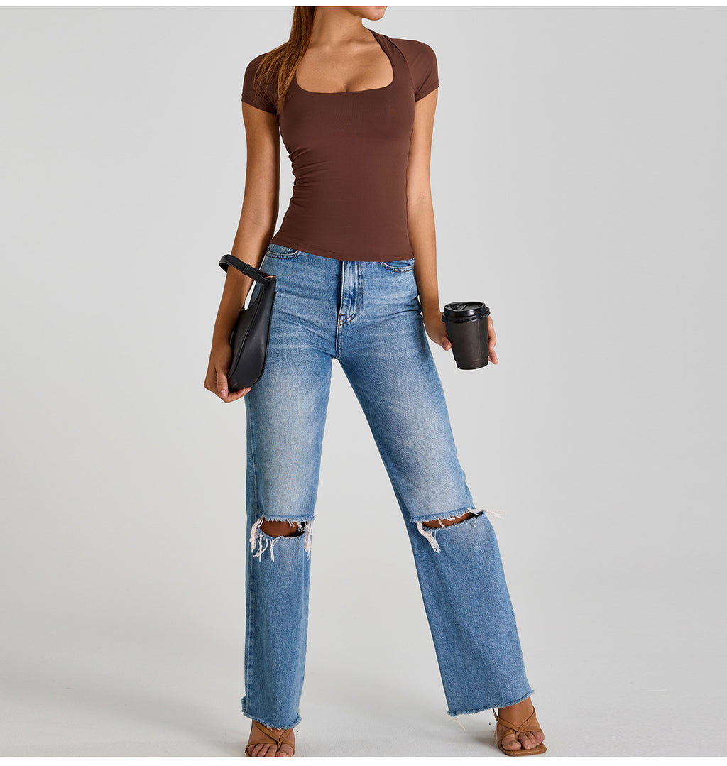 Seamless Square-Neck Shrug-Style Yoga T-Shirt: Slim-Fit Short Sleeve Activewear for Running & Gym