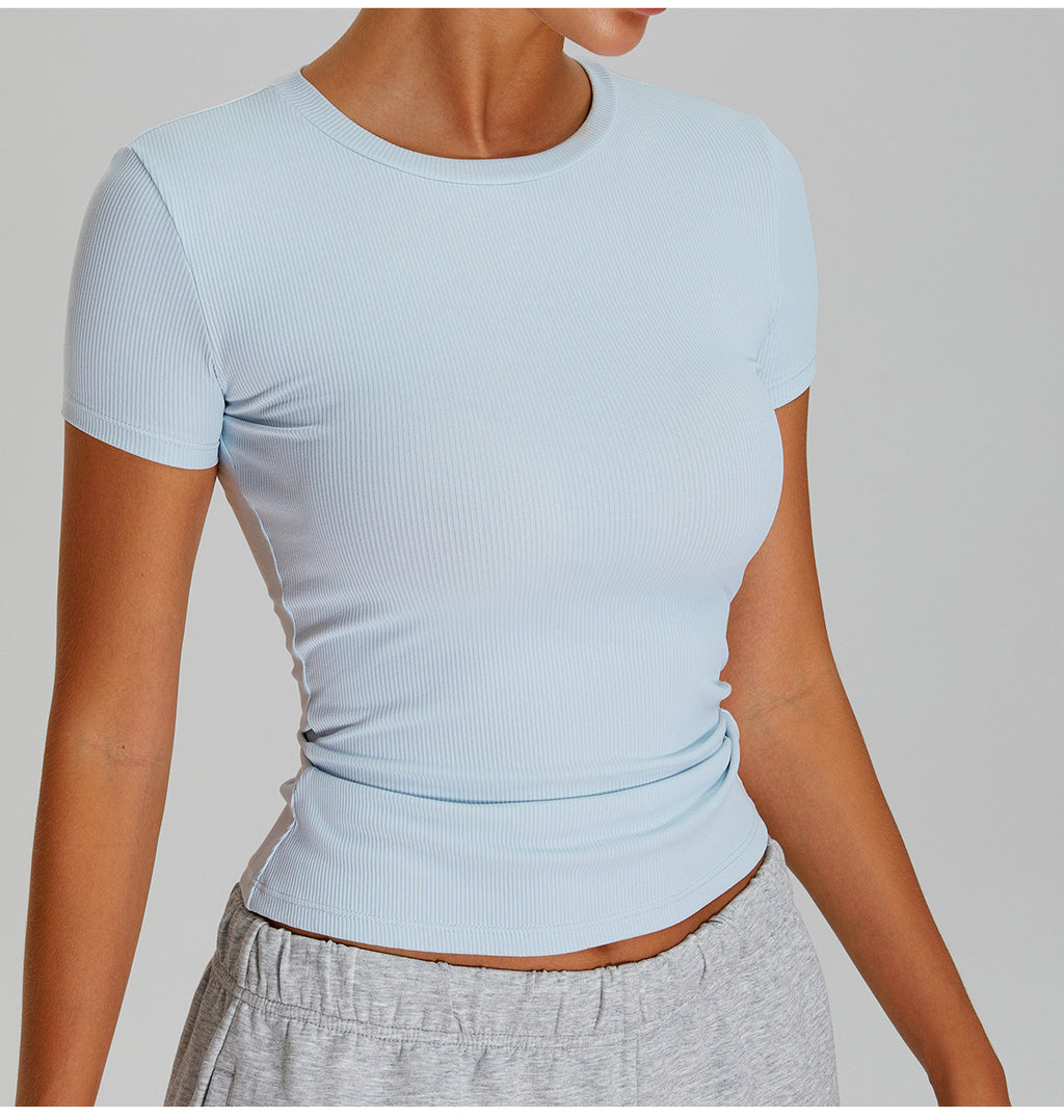 Seamless Ribbed Yoga T-Shirt: Nude-Feel Slim-Fit Short Sleeve & Quick-Dry Workout Top for Running