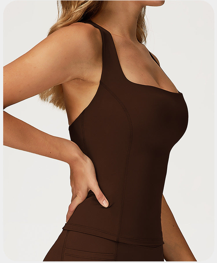 Débardeur de yoga pour femme effet seconde peau, gilet de sport slim dos nageur pour course en extérieur et fitness