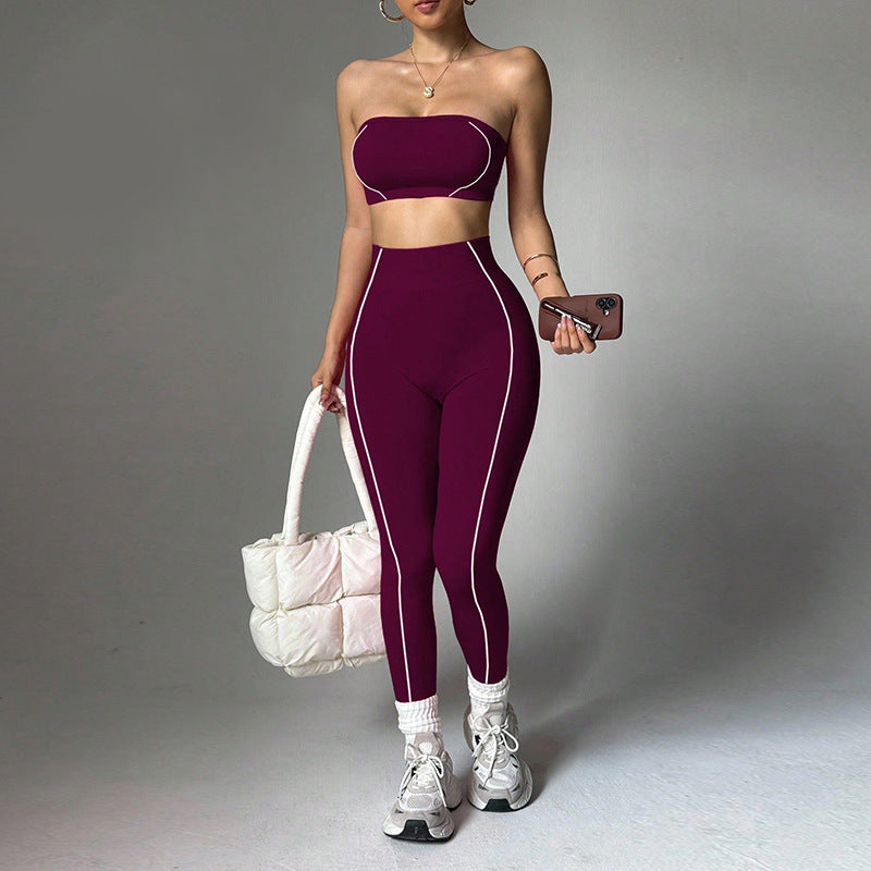 Women's Color Block Yoga Set, Wrap Bandeau Top & Slim Fit Peach Booty Pants, Workout Fitness Outfit