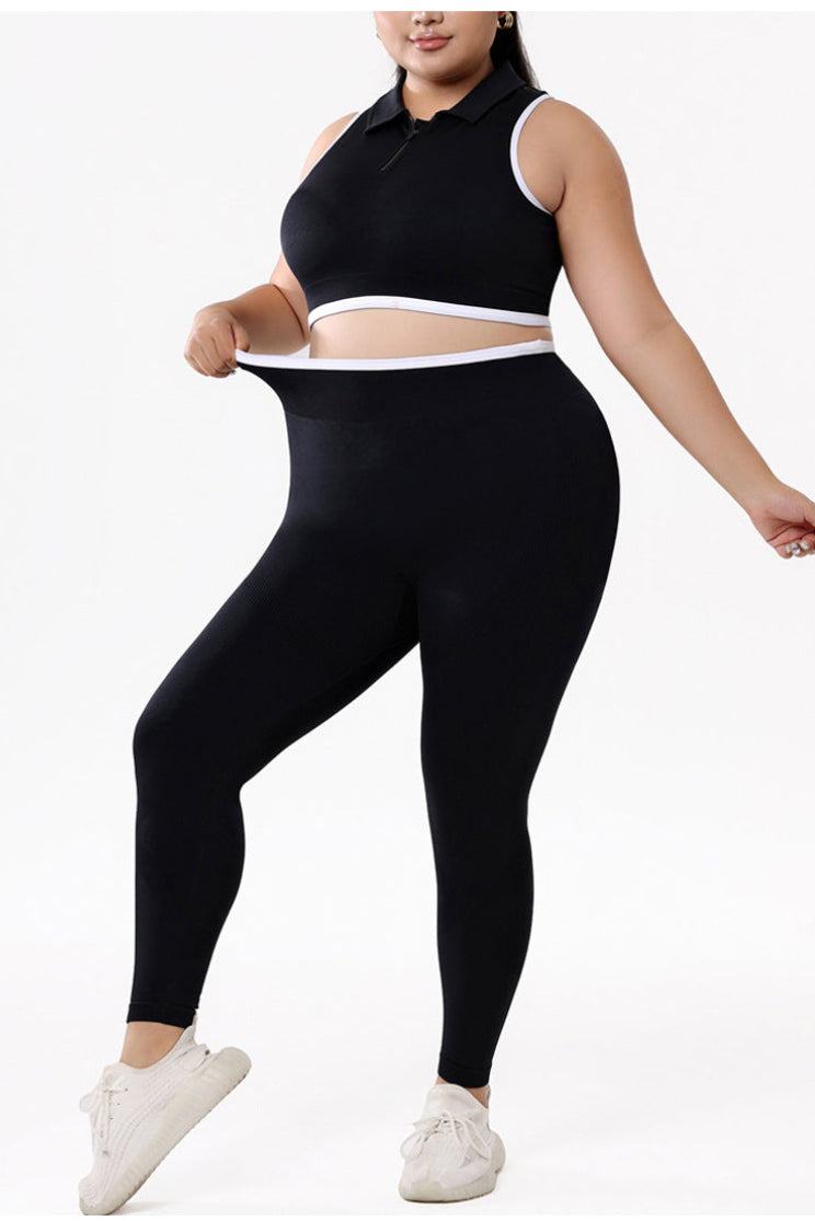 Ensemble de yoga grande taille pour femme, top court zippé à col polo et dos nageur, et pantalon taille haute galbant les fessiers