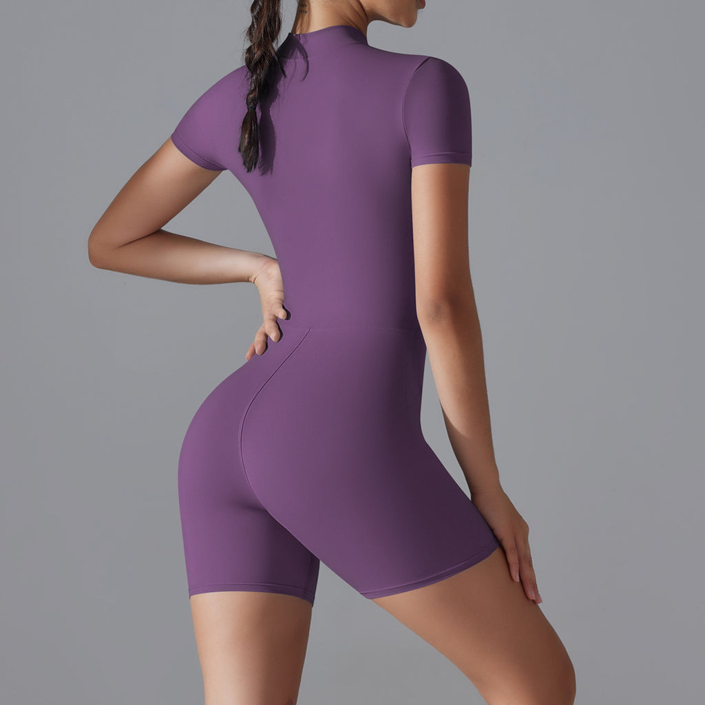 Combinaison de yoga à manches courtes et fermeture éclair sur le devant : Bodysuit de danse gainant sans couture et combinaison athlétique cycliste.