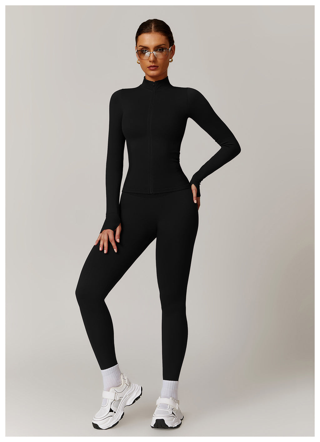Ensemble de yoga quart de zip sans couture : vêtement de sport thermique ajusté à col montant pour la course à pied 3754