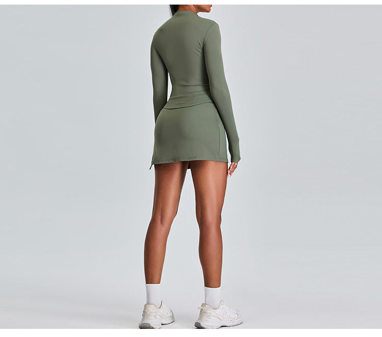 Ensemble de yoga slim à manches longues : jupe de sport trapèze taille haute avec short intégré et tenue de fitness