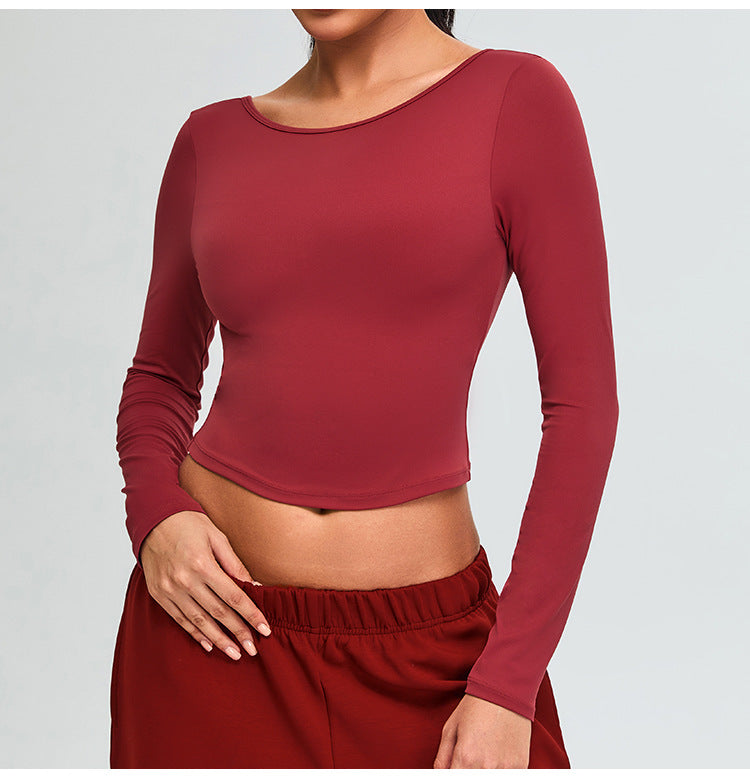 Haut de yoga sans couture et sans dos à manches longues : Top court de sport moulant et T-shirt de fitness à séchage rapide