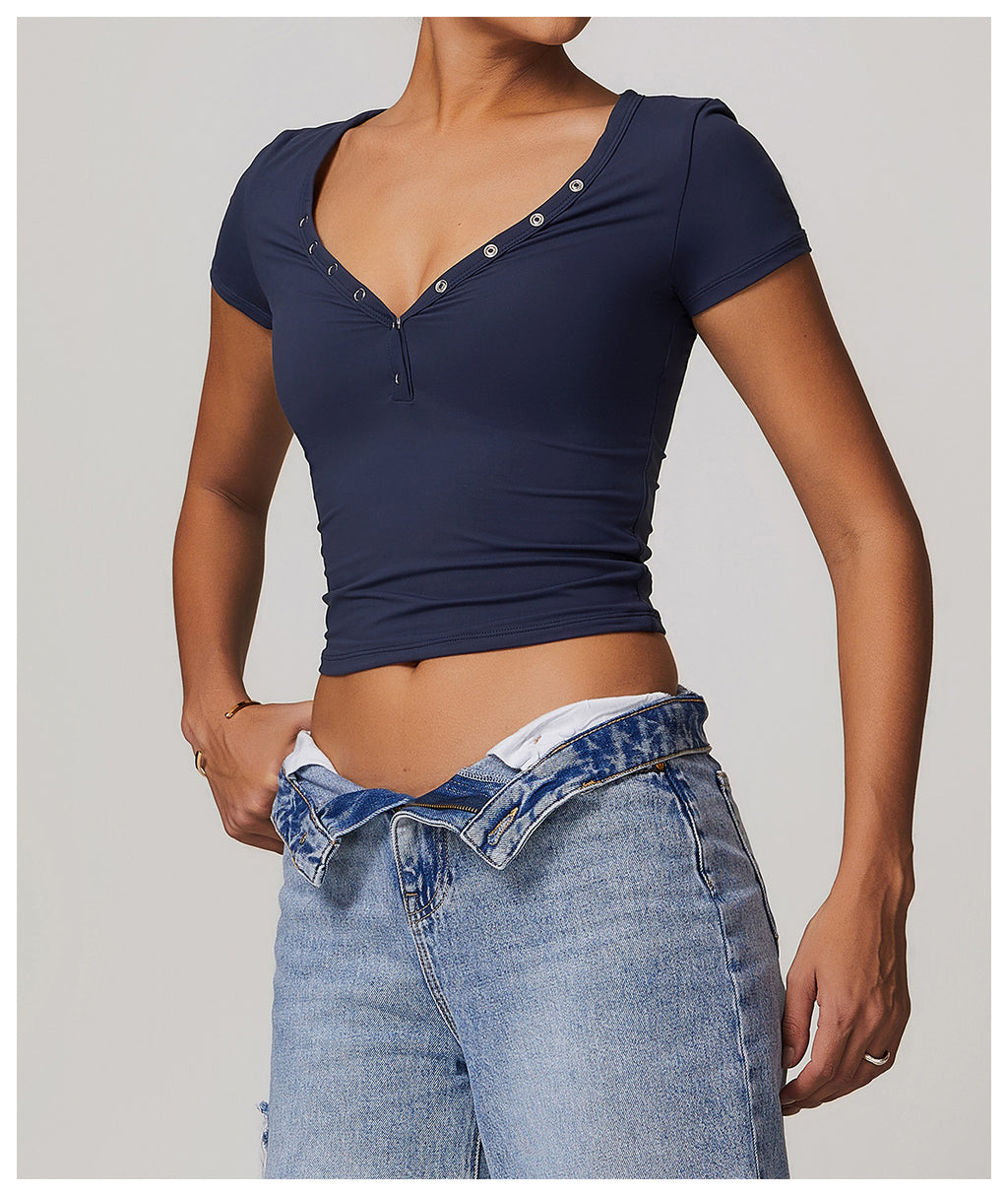 T-shirt de sport côtelé à manches courtes, col en V, pour femme, style européen et américain, idéal pour la course, le fitness et le yoga.