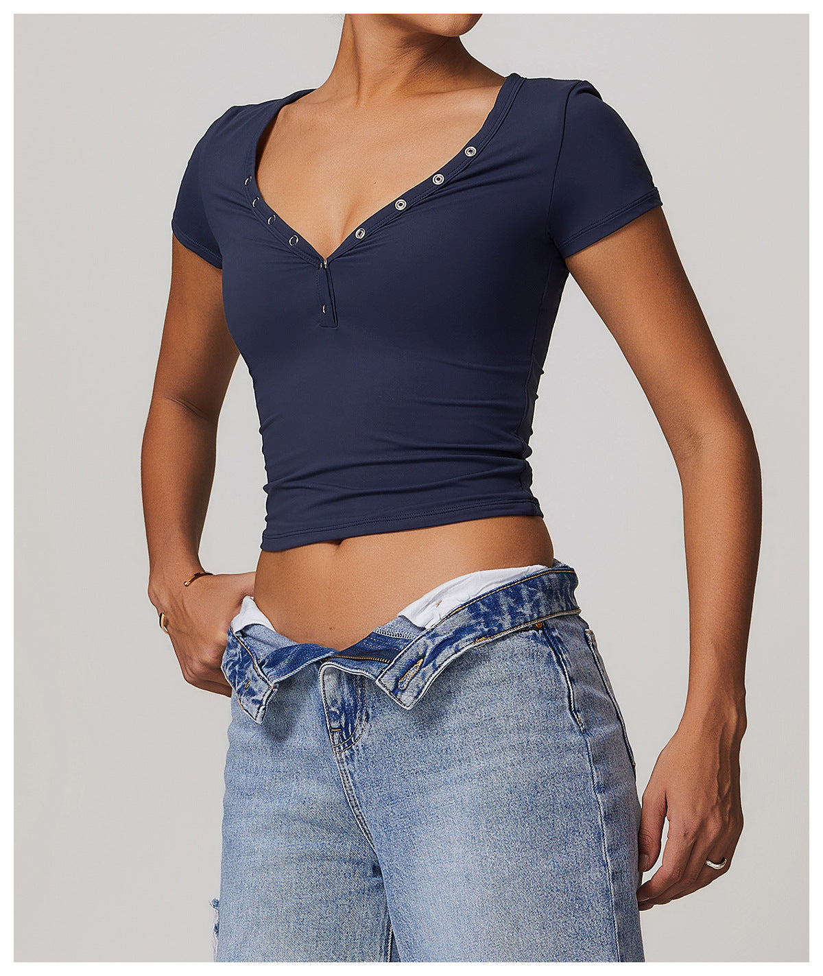 T-shirt de sport côtelé à manches courtes, col en V, pour femme, style européen et américain, idéal pour la course, le fitness et le yoga.