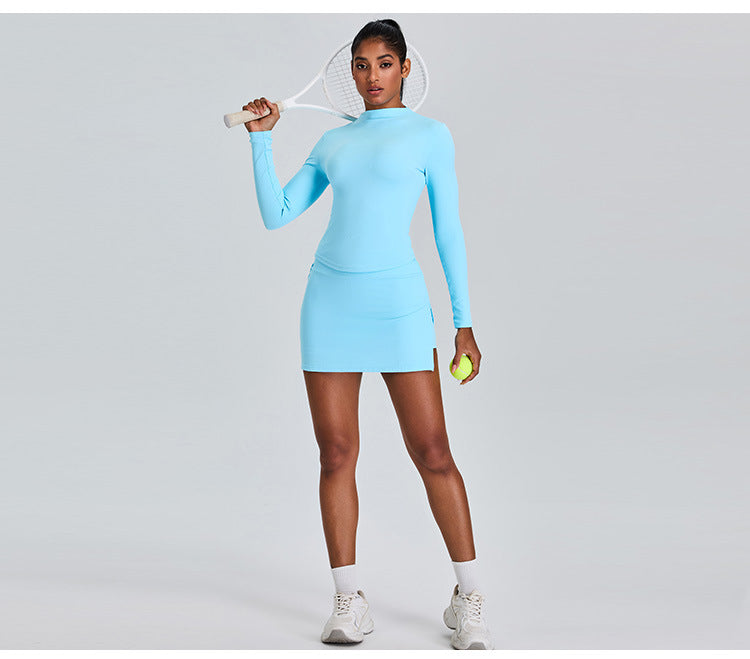 Long Sleeve Slim-Fit Yoga Set: High-Waisted A-Line Sports Skirt with Built-in Shorts & Fitness Outfit
