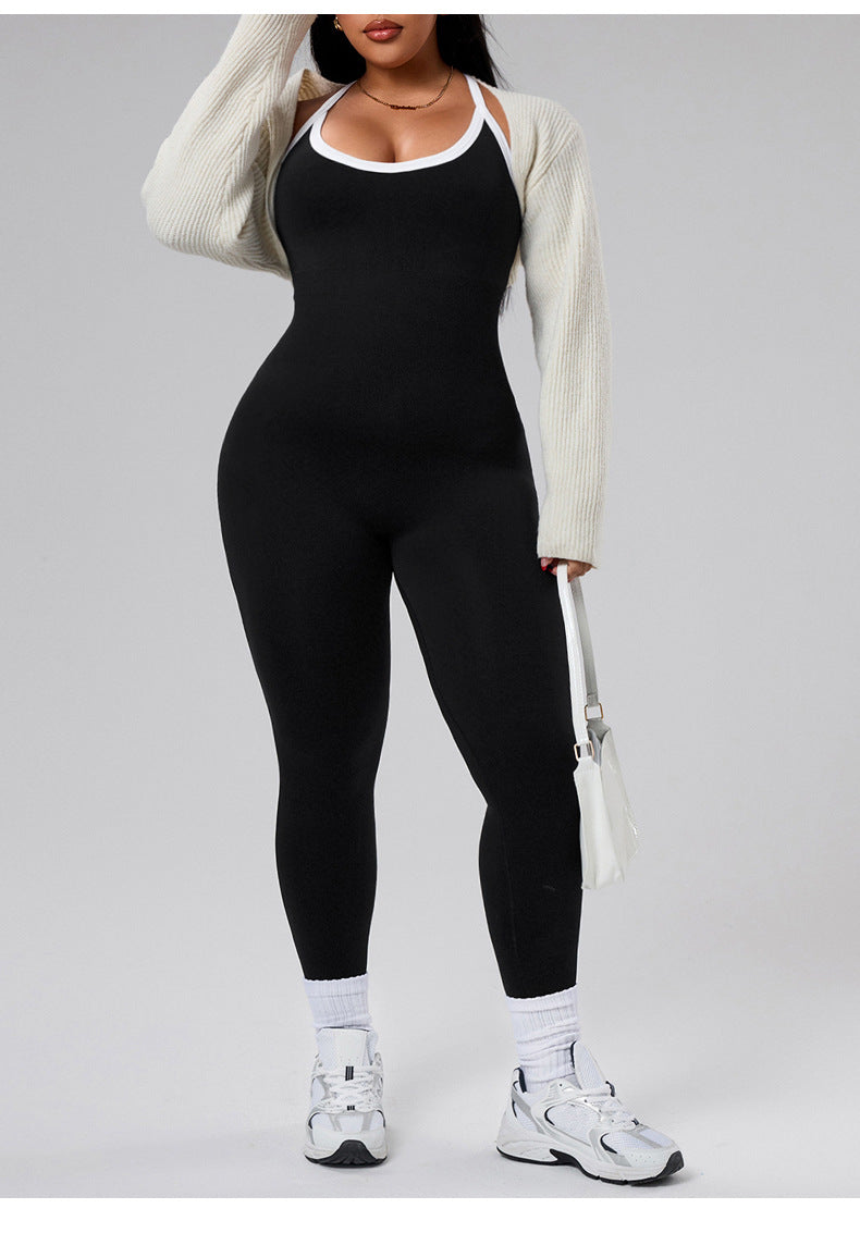 Combinaison de yoga grande taille avec blocs de couleurs pour femmes, bretelles spaghetti croisées, dos nu, taille galbante, fessier liftant, body de sport