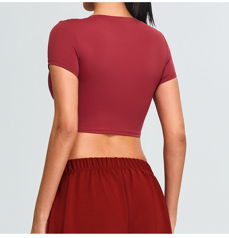 T-shirt de Yoga Confort Nuage Sans Couture : Col Rond Coupe Ajustée Manches Courtes pour la Course et la Salle de Sport