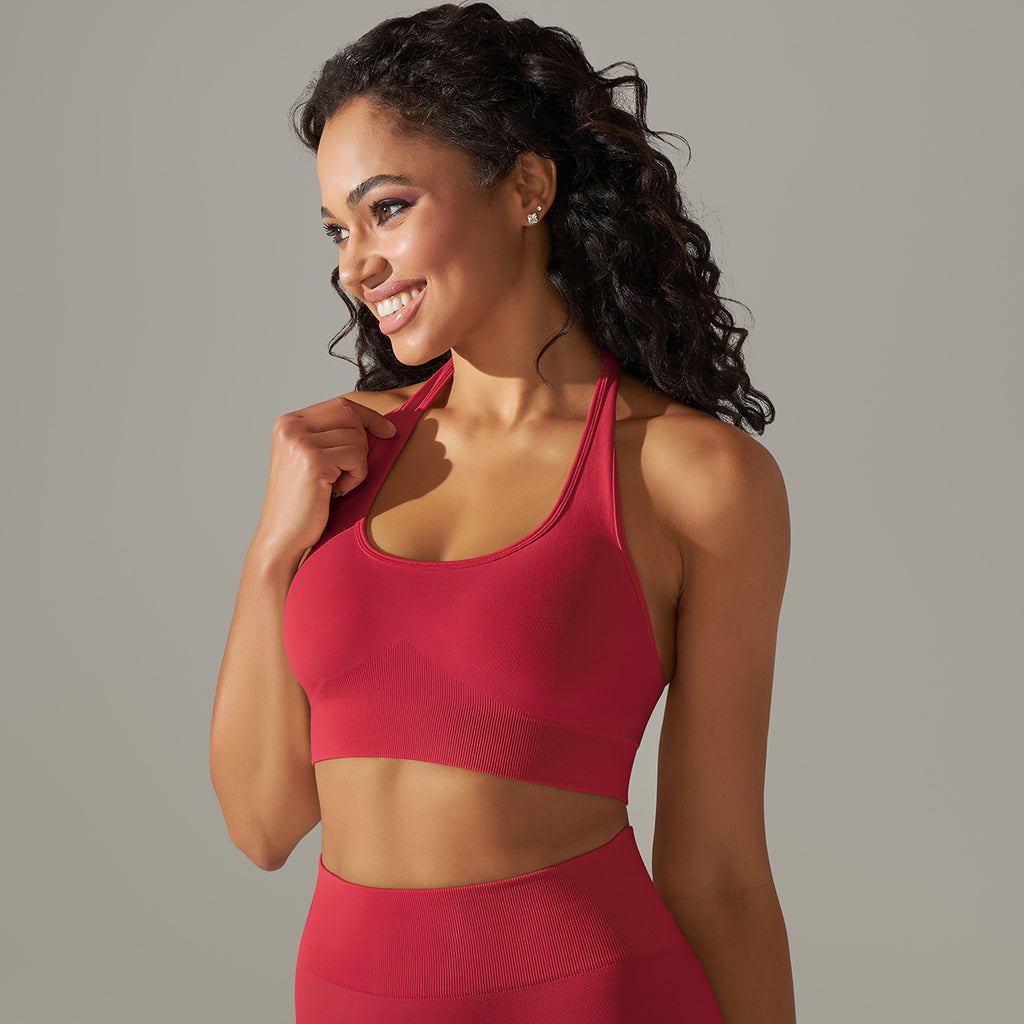 Seamless Halter Neck Sports Bra: Sexy Backless Yoga Top & Solid Color High-Stretch Fitness Bralette