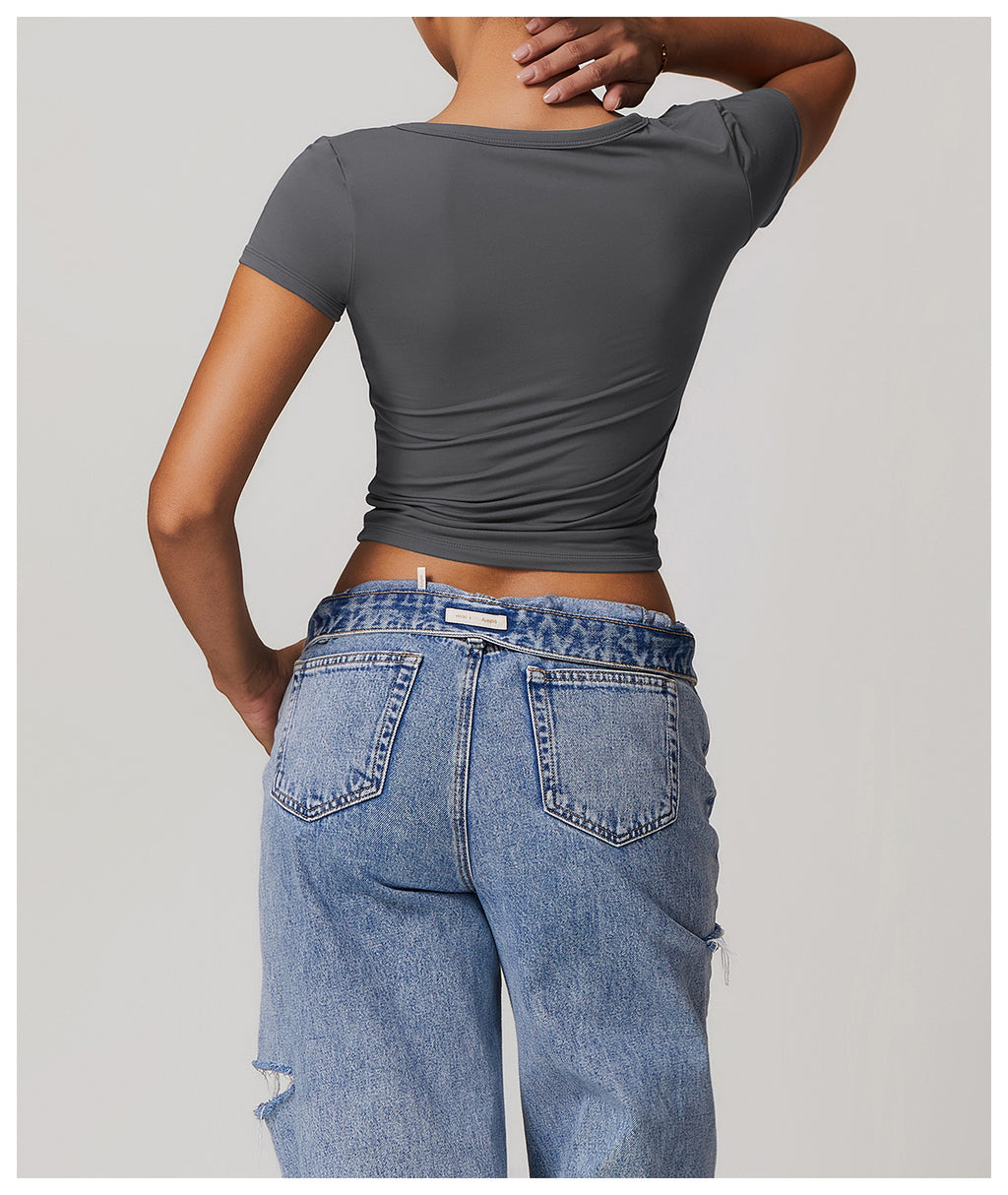 T-shirt de sport côtelé à manches courtes, col en V, pour femme, style européen et américain, idéal pour la course, le fitness et le yoga.