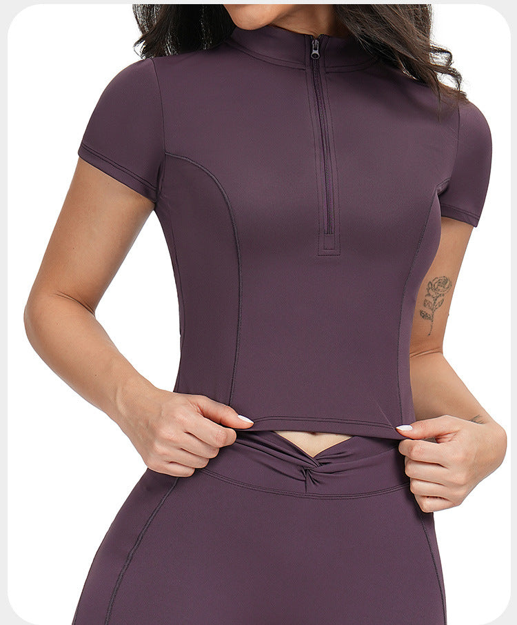 Women's Naked Feeling Yoga Short Sleeve, Stand Collar Zipper Slim Fit Sports Top, Outdoor Running Fitness Shirt