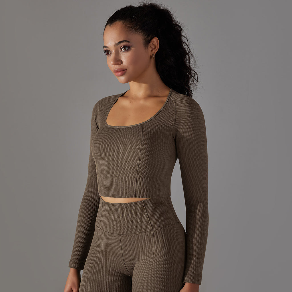 Seamless Textured Pointelle Long Sleeve: Low-Cut Body-Sculpting Yoga Top & Tummy Control Performance Tee