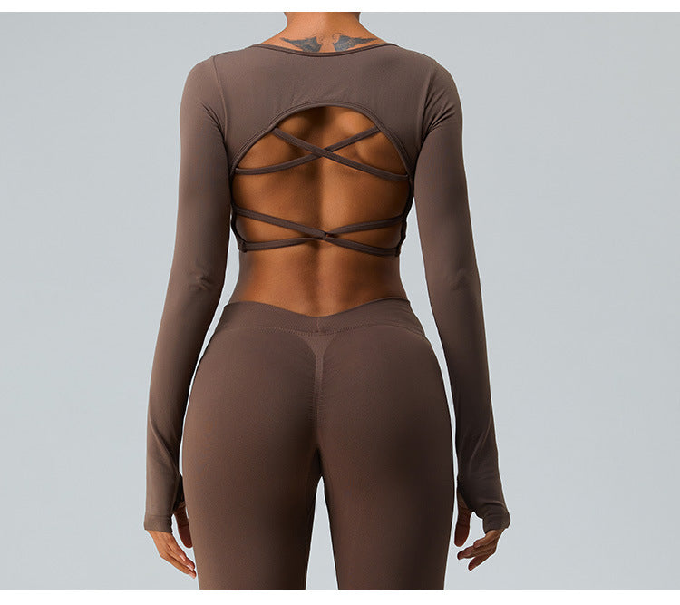 Ensemble de Yoga Sans Couture Automne/Hiver : Haut Sexy Manches Longues à Bretelles Croisées & Legging Taille Haute Push-Up Effet Scrunch