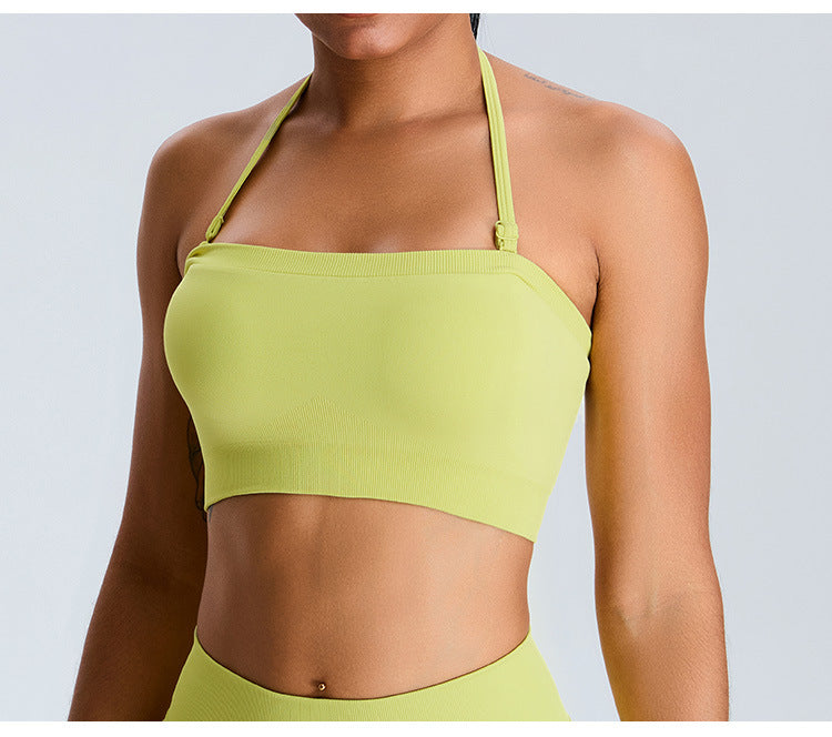 Seamless Tube-Top Sports Bra: Open-Back Yoga Cami with Detachable Straps & Padded Fitness Tank