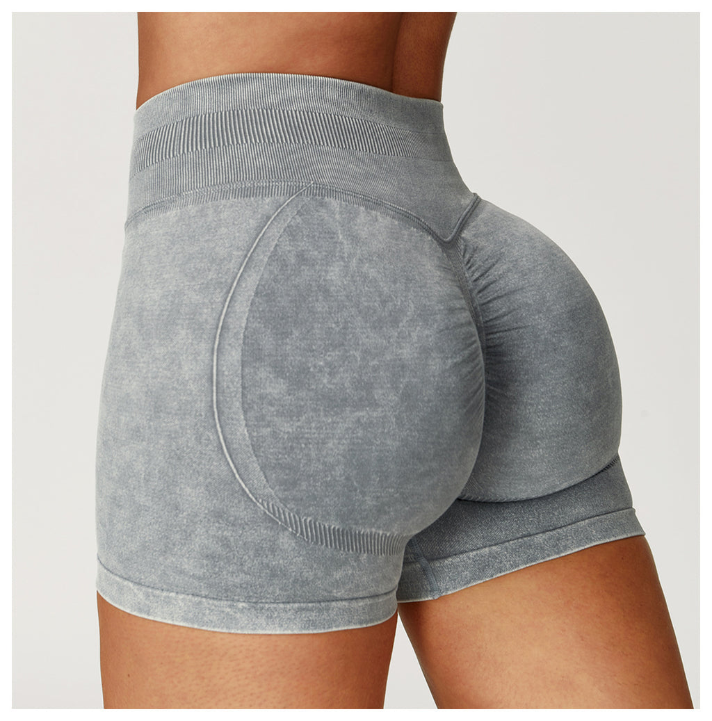 Short de yoga sans couture délavé à l'acide : Short de fitness taille haute gainant pour la course 7425