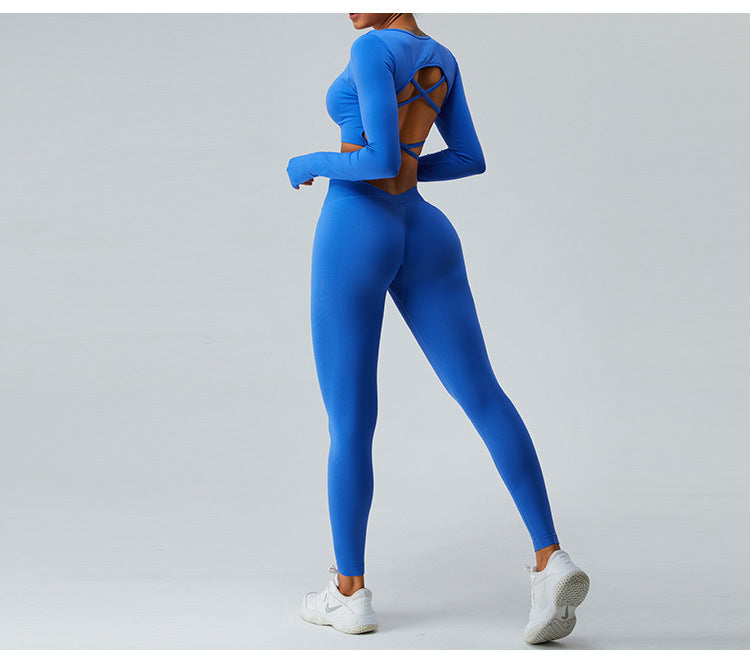 Ensemble de Yoga Sans Couture Automne/Hiver : Haut Sexy Manches Longues à Bretelles Croisées & Legging Taille Haute Push-Up Effet Scrunch