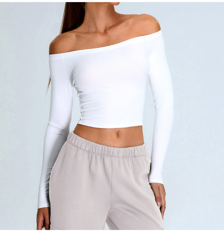 Seamless Ribbed Yoga T-Shirt: Off-the-Shoulder Slim-Fit Long Sleeve for Pilates & Running