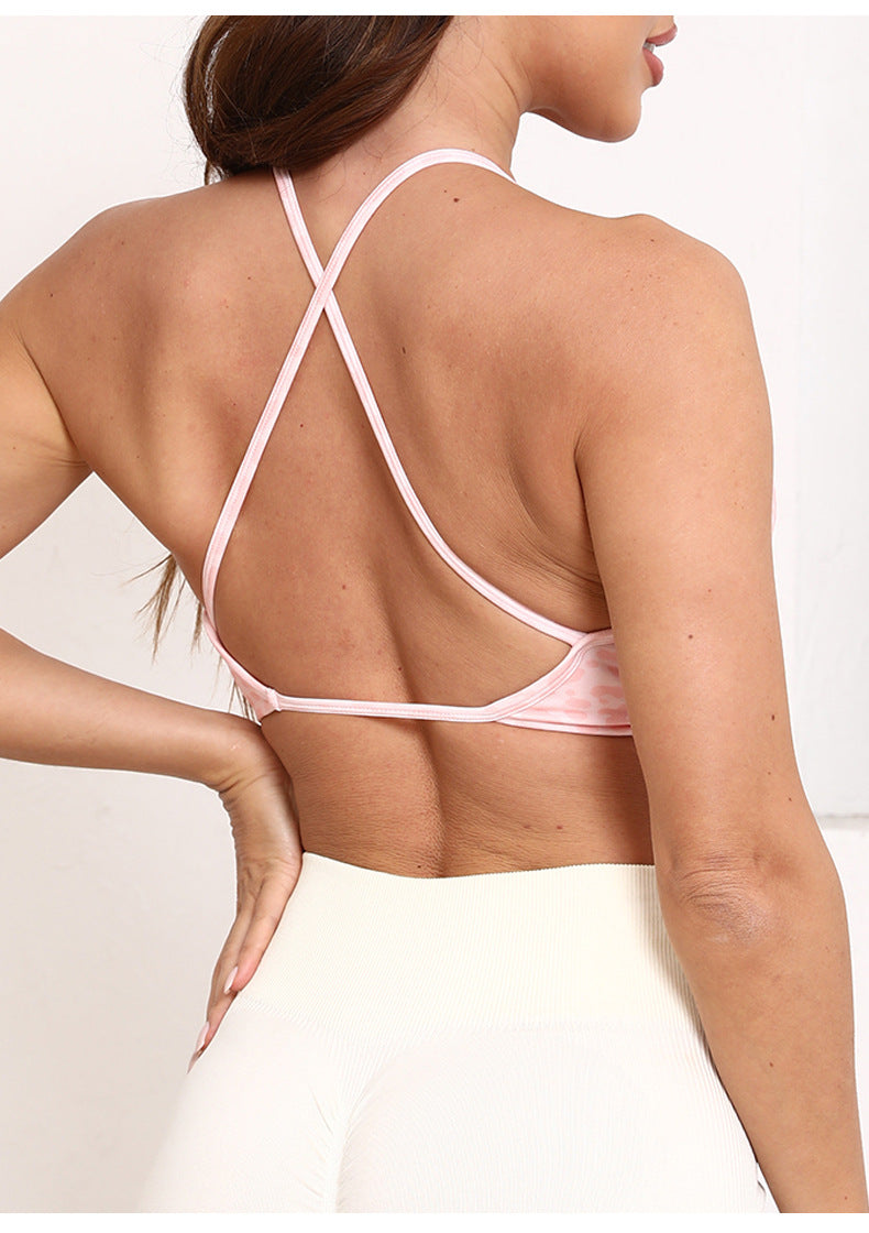 Soutien-gorge de sport sans armatures imprimé léopard avec bretelles croisées et nœud torsadé, soutien-gorge de course antichoc, push-up, fitness, yoga