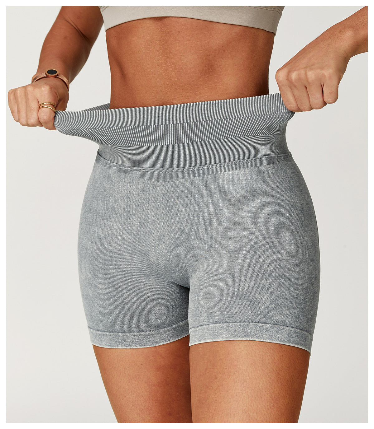 Short de yoga sans couture délavé à l'acide : Short de fitness taille haute gainant pour la course 7425