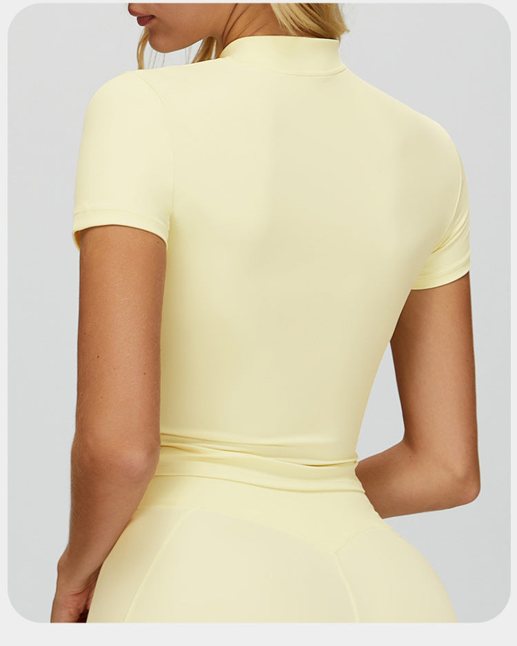 T-shirt de sport moulant à col montant et fermeture éclair pour femme, à manches courtes, pour le yoga, la course à pied et le fitness en extérieur