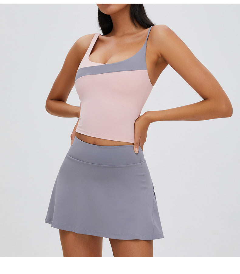 Seamless Contrast-Stitch Sports Bra: High-Elasticity Nude-Feel Yoga Crop Top for Tennis & Gym
